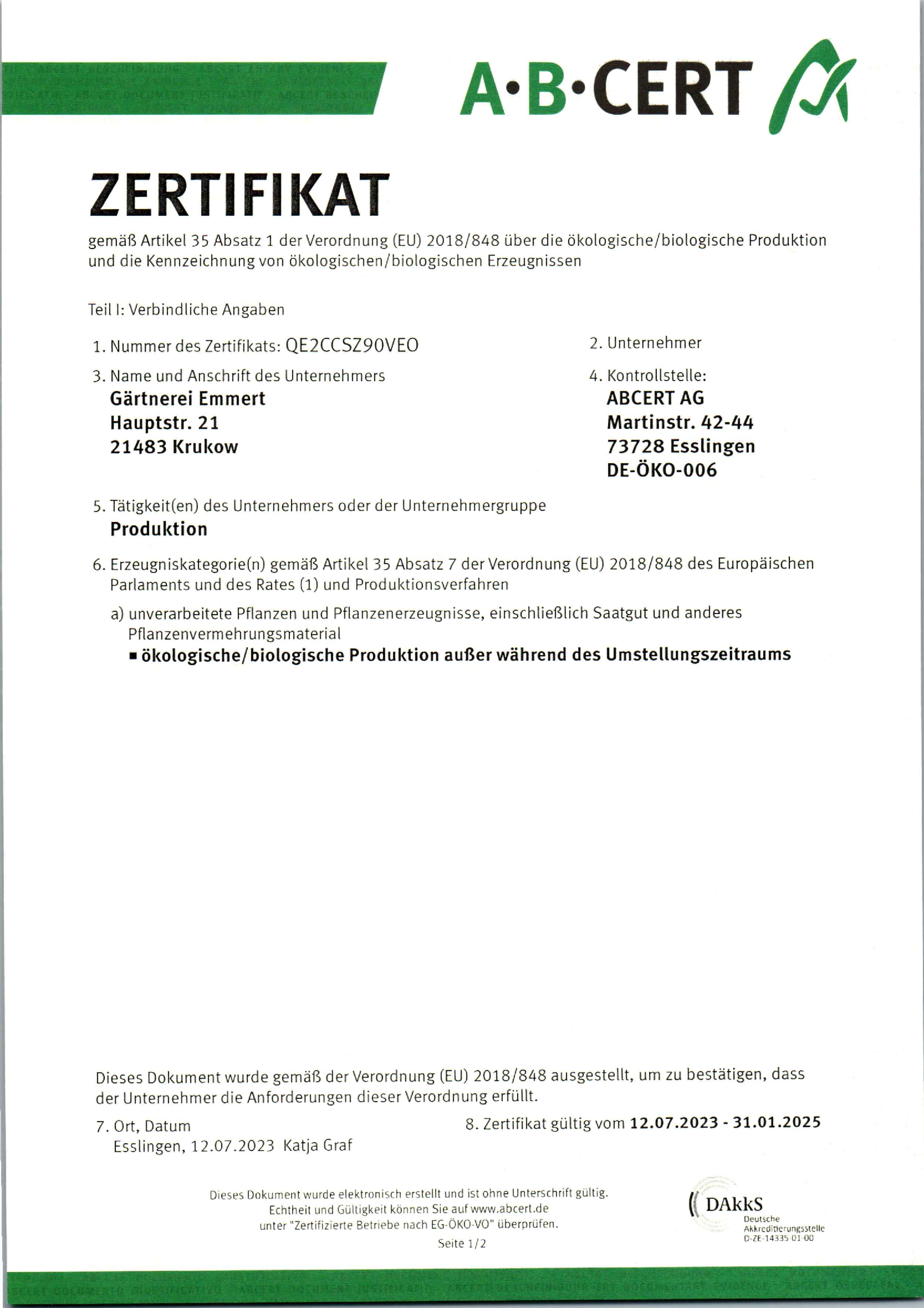 EG-Bio Zertifikat Gärtnerei 2023